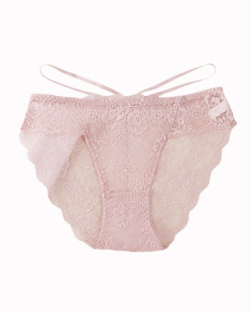 Pink lace hipster V-shape panties with crisscross back straps and scalloped trim