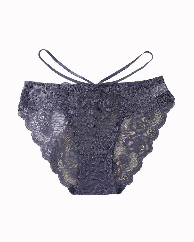 Dark blue lace hipster V-shape panties with scalloped edges and crisscross strap detail