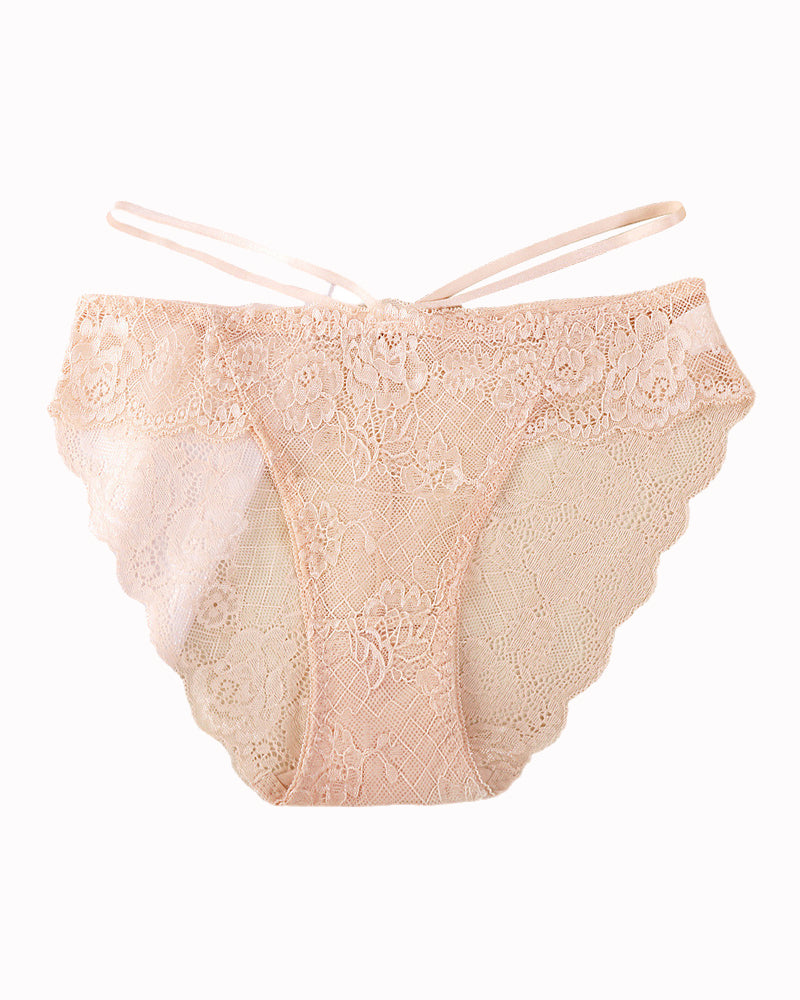Nude lace hipster V-shape panties with crisscross back straps and scalloped edges