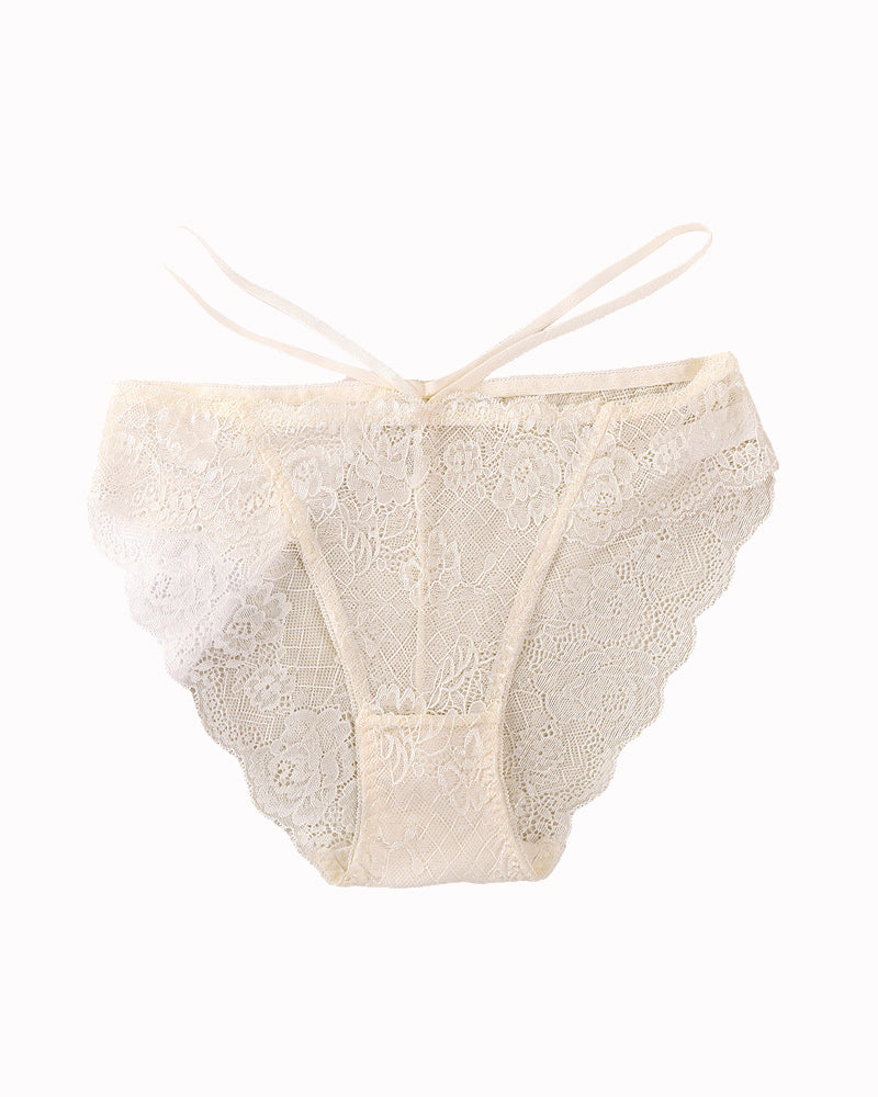 White lace hipster V-shape panties with crisscross back straps and scalloped trim