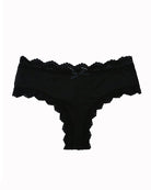 Hipster lace-trim seamless panties, black, flat lay with scalloped lace waistband and center bow.