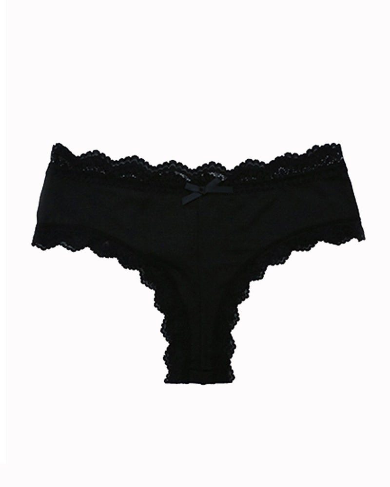 Hipster lace-trim seamless panties, black, flat lay with scalloped lace waistband and center bow.
