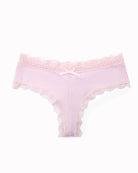Hipster lace-trim seamless panties, light pink, flat lay with scalloped lace trim and center bow.