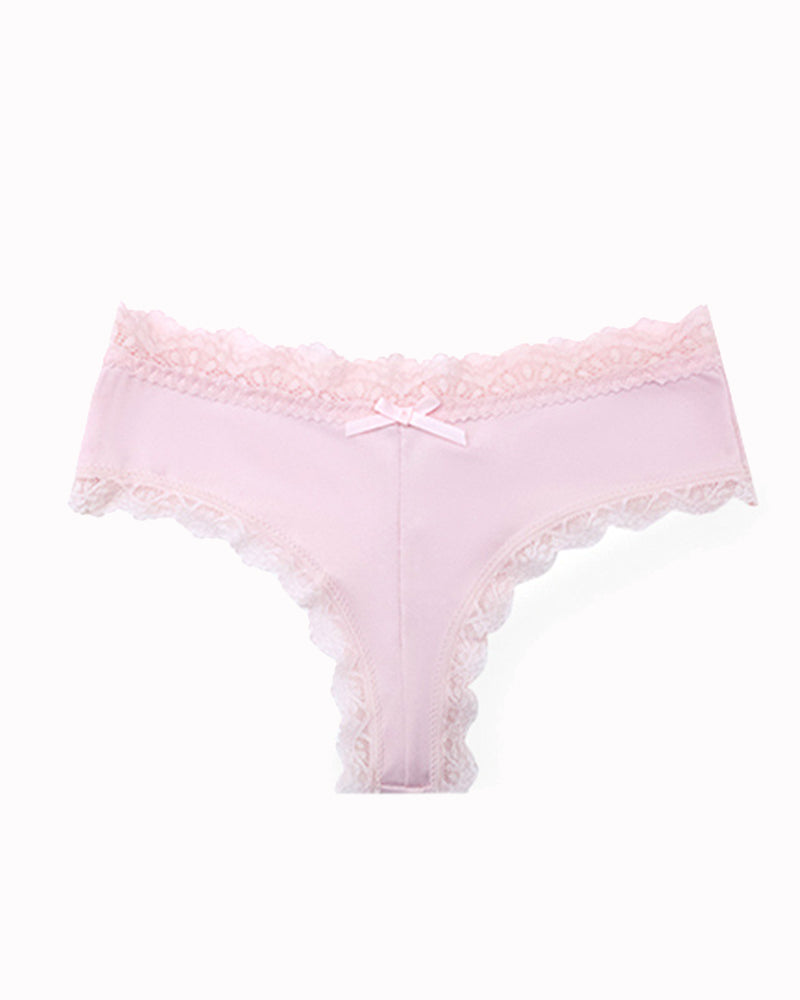 Hipster lace-trim seamless panties, light pink, flat lay with scalloped lace trim and center bow.
