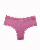 Hipster lace-trim seamless panties, rose pink, flat lay with lace trim and center bow.