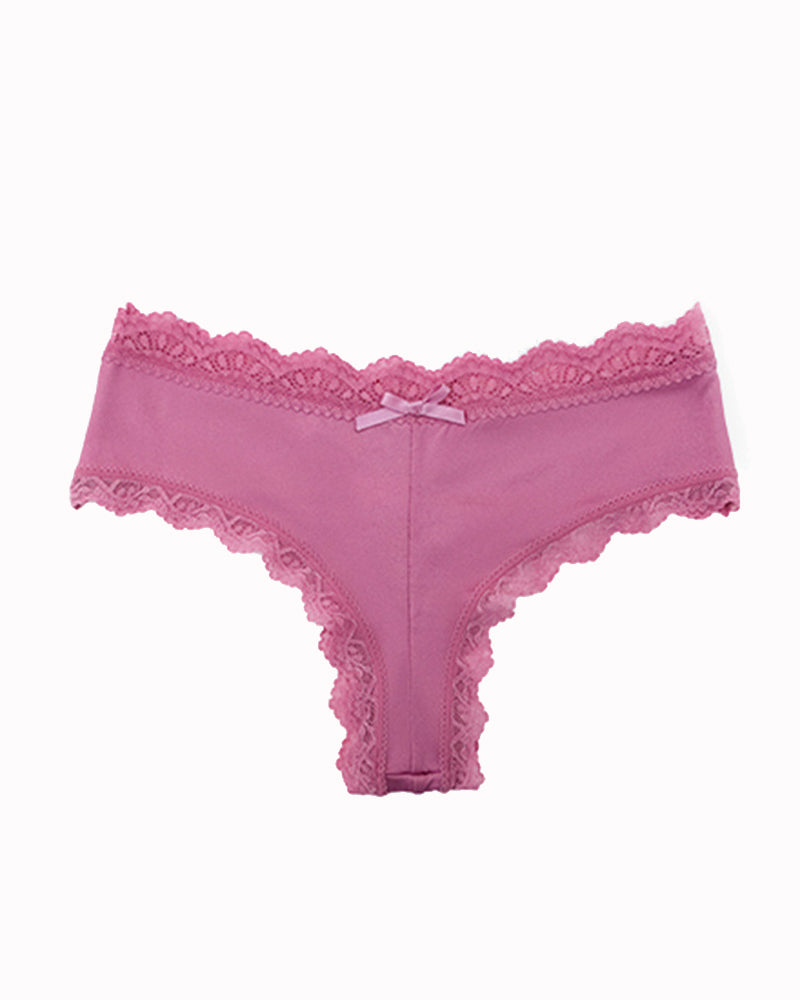 Hipster lace-trim seamless panties, rose pink, flat lay with lace trim and center bow.
