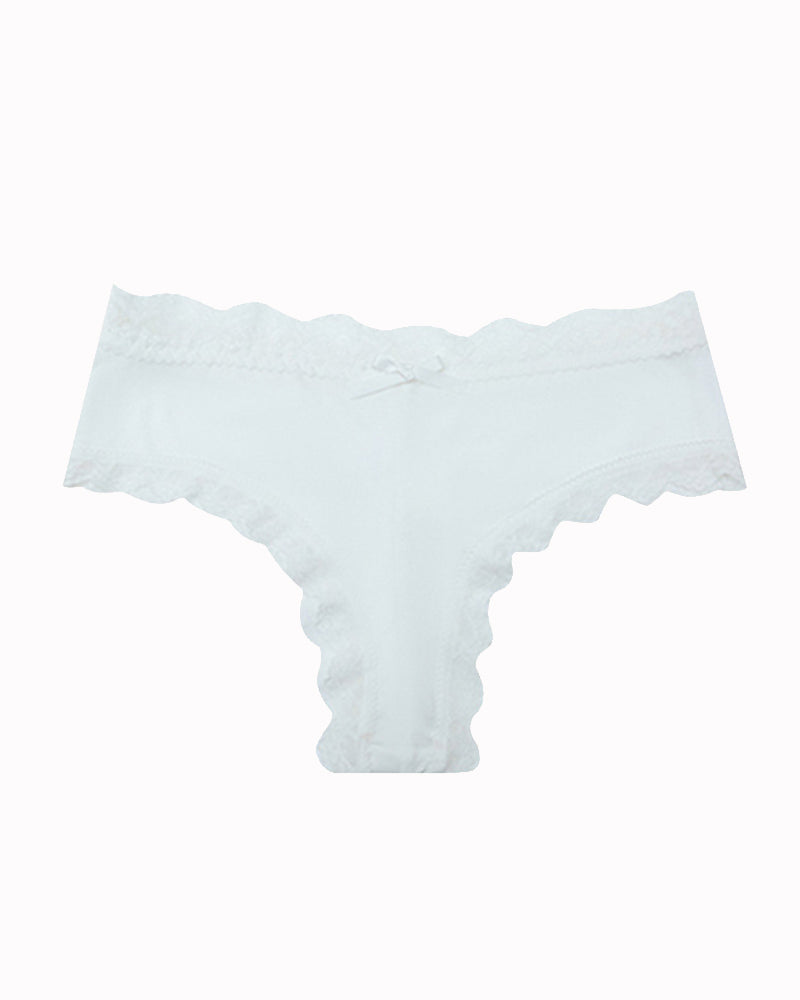 Hipster lace-trim seamless panties, white, flat lay with lace waistband and scalloped leg openings.