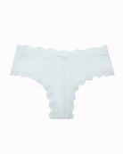 Hipster lace-trim seamless panties, white, flat lay with lace waistband and scalloped leg openings.