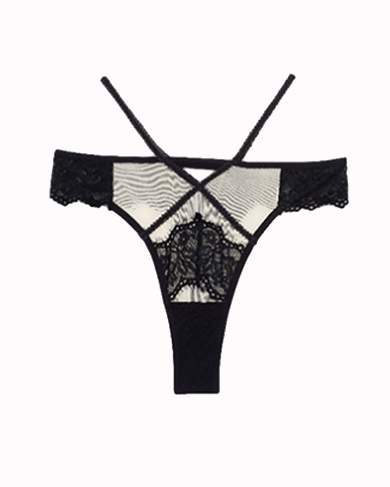 Black lace mid-rise high-stretch thong panties with crossed straps and lace front panel