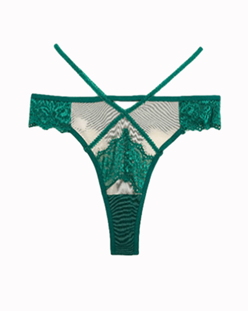 Green lace mid-rise high-stretch thong panties with crossed straps and lace center panel