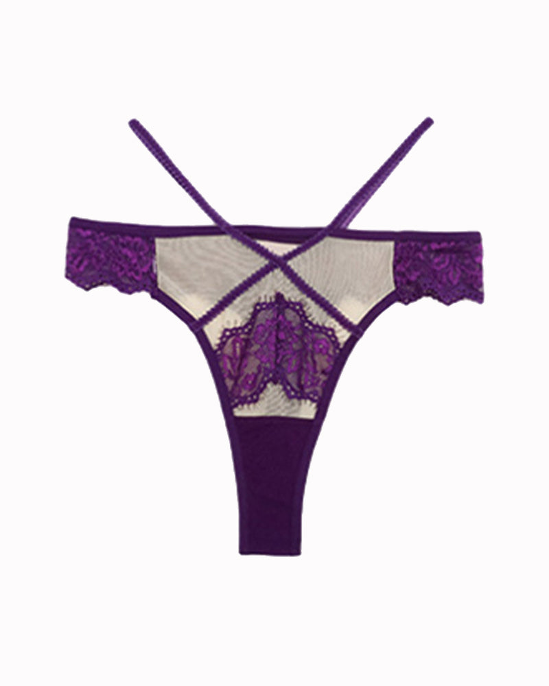 Purple lace mid-rise high-stretch thong panties with crossed straps and lace front panel