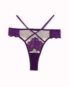 Purple lace mid-rise high-stretch thong panties with crossed straps and lace front panel