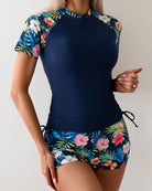 Navy rash guard top and tropical floral shorts set, half-sleeve, tie waist