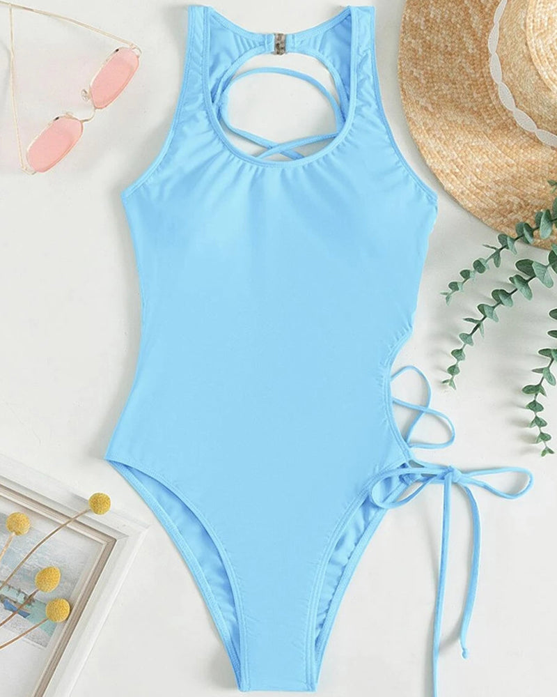 Blue lace-up one-piece swimsuit with high neckline cutout and side tie straps