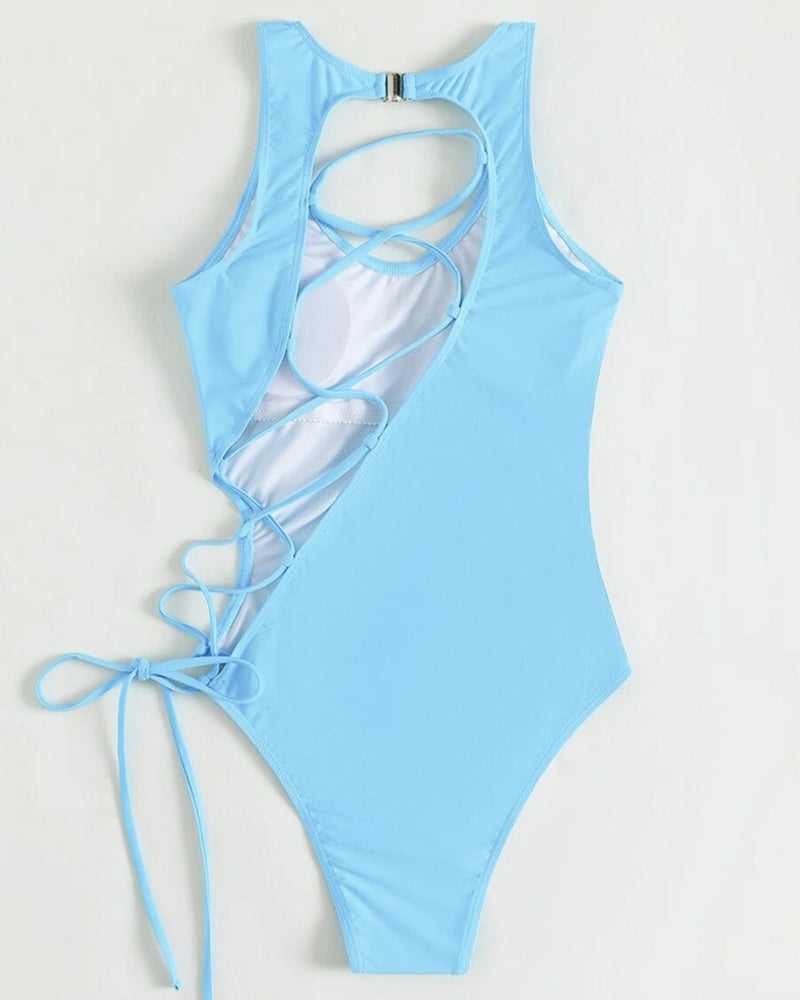 Blue lace-up one-piece swimsuit with open back crisscross straps and dangling ties