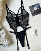 Black fishnet bodysuit with adjustable garter straps and thong bottom