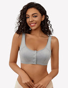Grey non-wired front clasp bra with two-panel cups and button closure