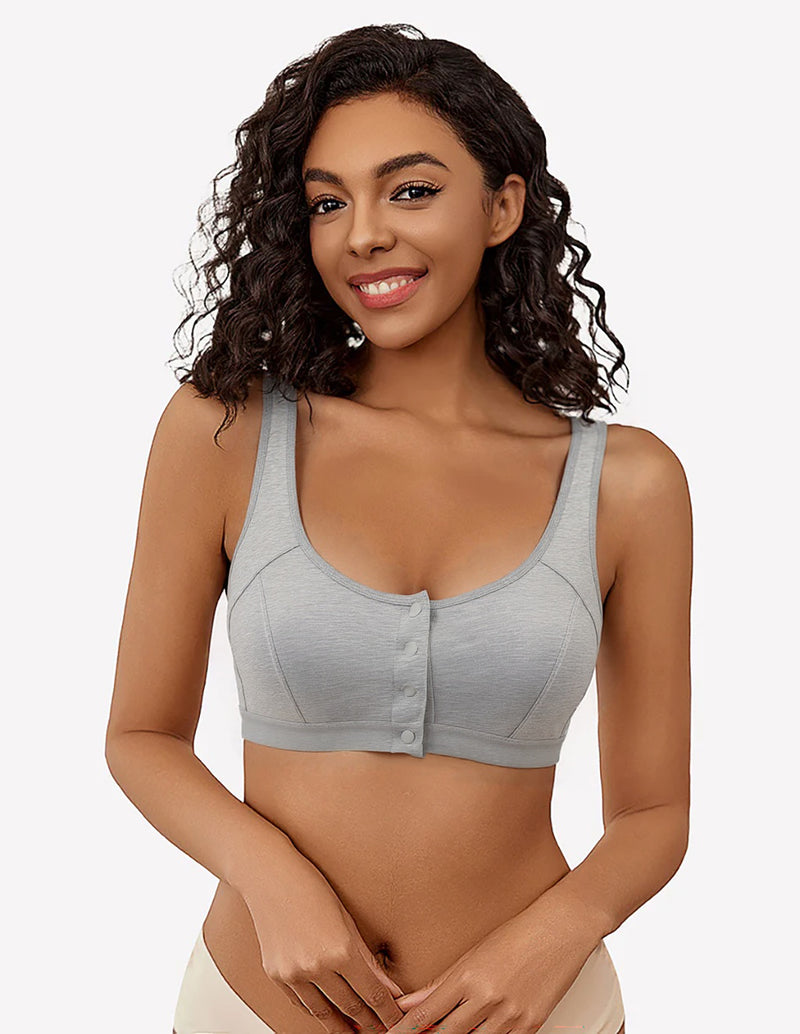 Grey non-wired front clasp bra with two-panel cups and button closure