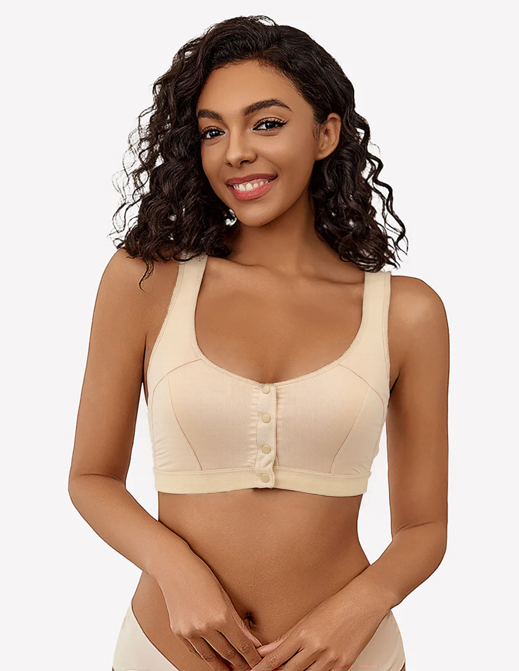 Papaya non-wired front clasp bra with two-panel cups and button closure