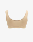 Beige non-wired front clasp bra with scoop neck and adjustable shoulder straps