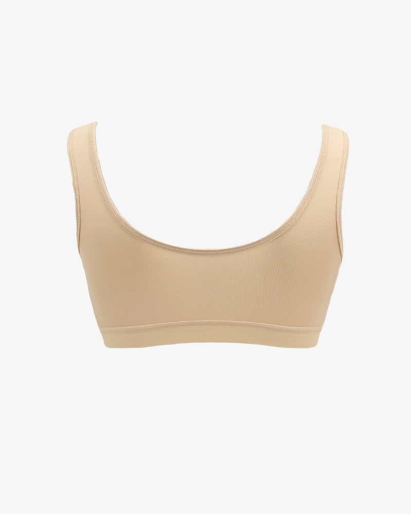Beige non-wired front clasp bra with scoop neck and adjustable shoulder straps