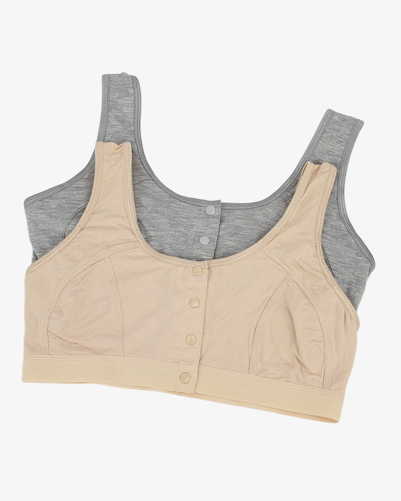 Non-wired front clasp bras set: grey and beige with button closure