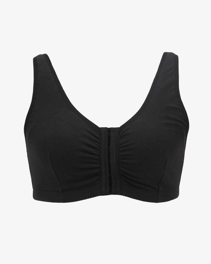 Black non-wired breathable bra with front clasp and curved neckline