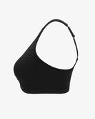 Black non-wired breathable bra side view with front clasp seam