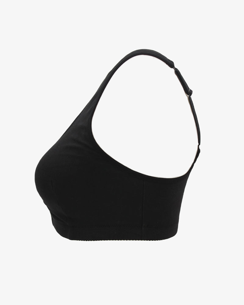 Black non-wired breathable bra side view with front clasp seam