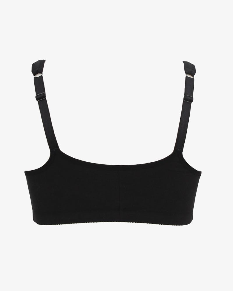 Black non-wired breathable bra back view with adjustable straps