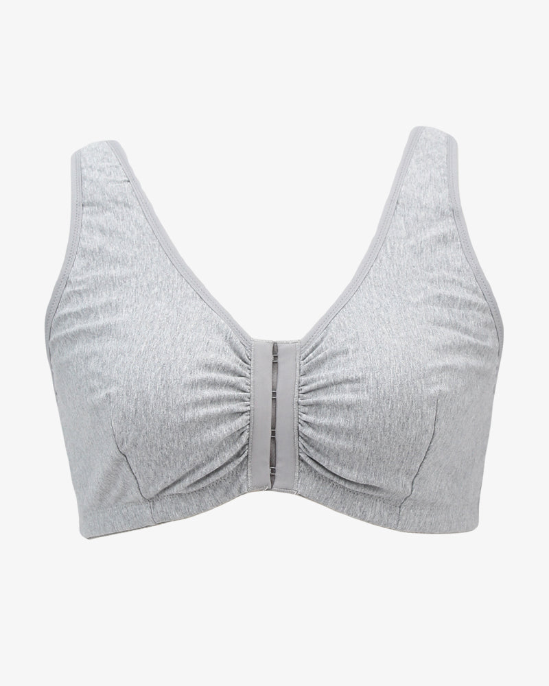 Grey front-clasp non-wired breathable bra with V-shaped neckline