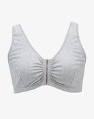 Grey front-clasp non-wired breathable bra with V-shaped neckline