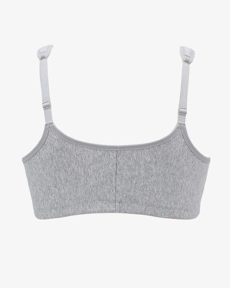 Grey non-wired breathable bra back view with adjustable straps