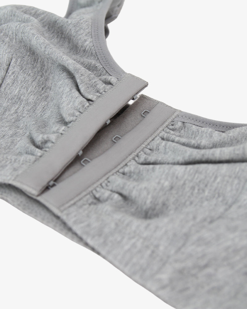 Grey bra close-up of front clasp placket and seam details