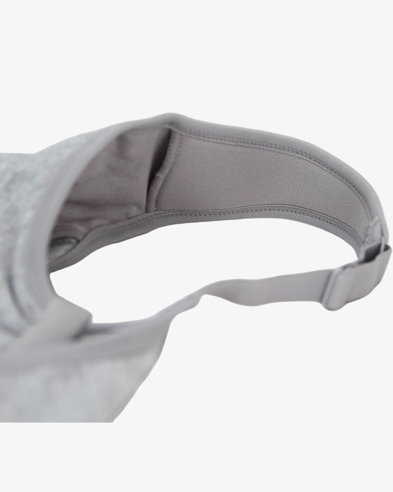 Grey bra close-up of elastic strap and back band