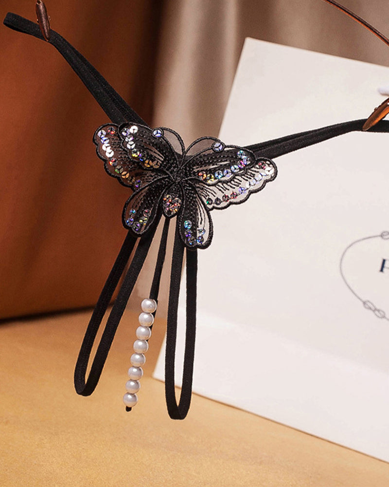 Low-rise mesh panties with pearl beaded sequins, black butterfly ribbon front