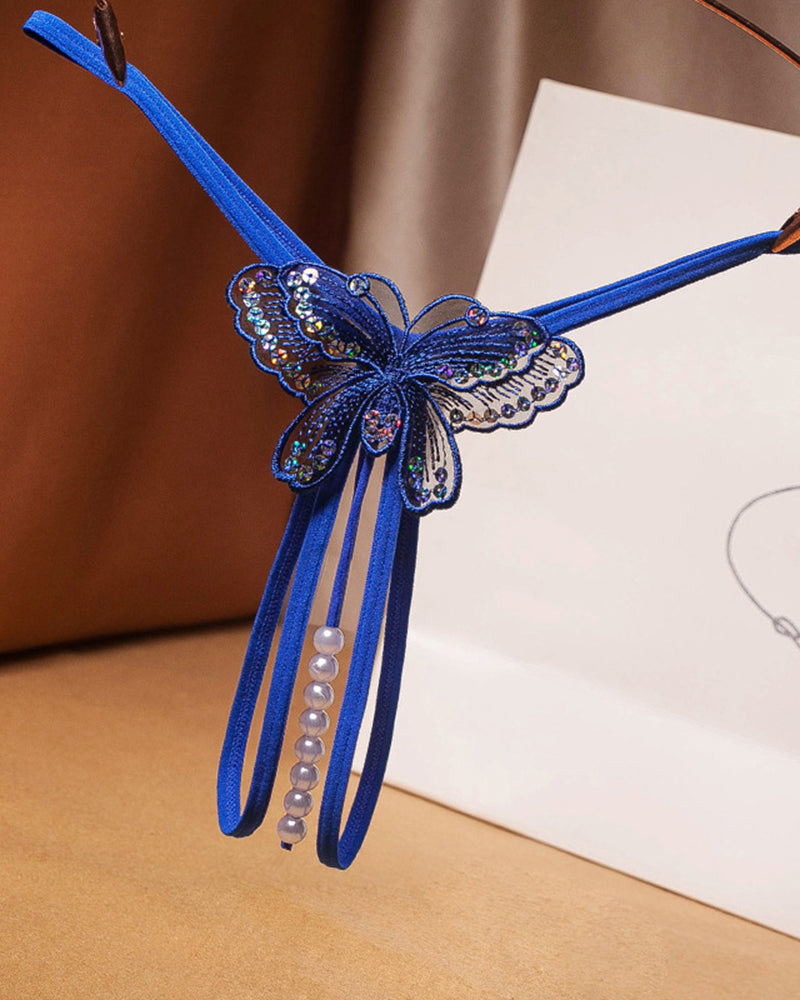 Low-rise mesh panties with pearl beaded sequins, blue butterfly ribbon front