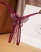 Low-rise mesh panties with pearl beaded sequins, wine red butterfly ribbon front