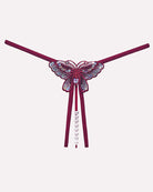Low-rise mesh panties with pearl beaded sequins, wine red butterfly ribbon and pearl tassels