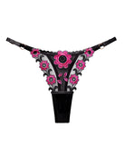 Black low-waist triangle lace thong with pink flower embroidery and scalloped edges