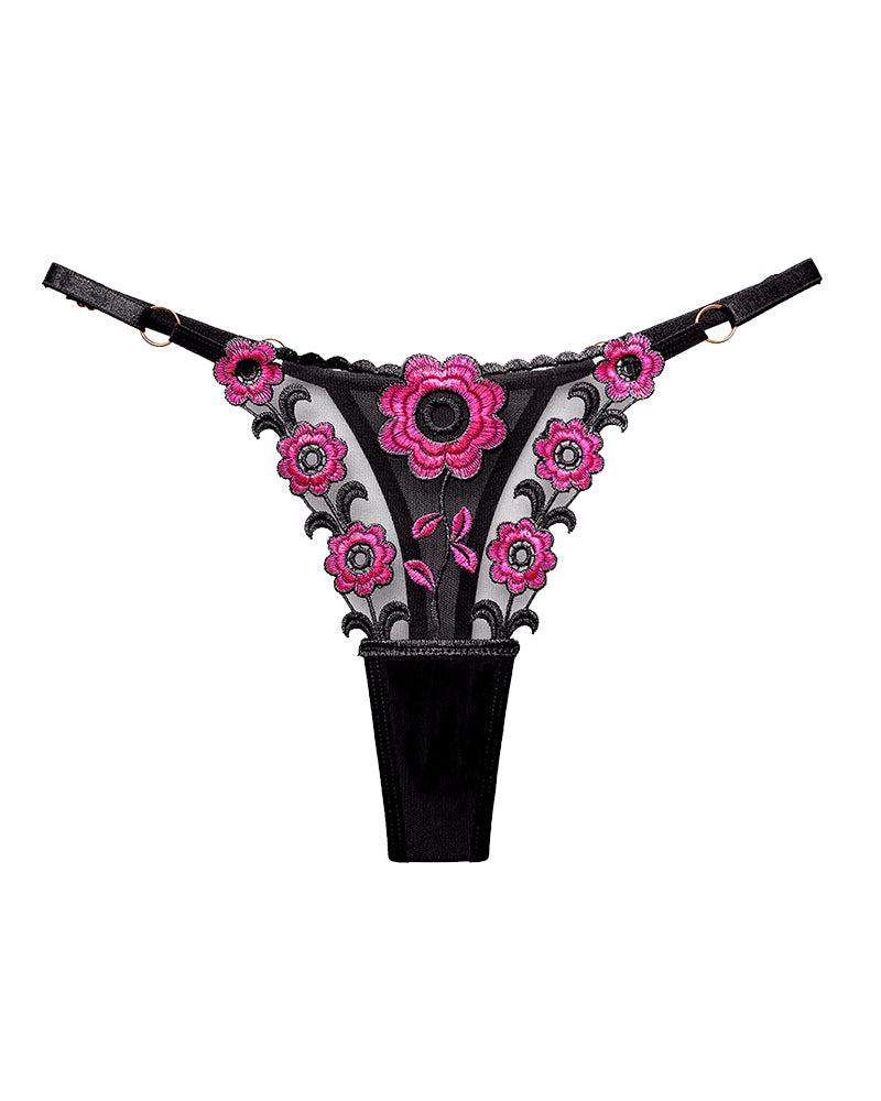 Black low-waist triangle lace thong with pink flower embroidery and scalloped edges