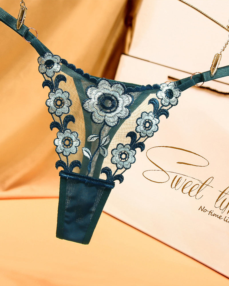 Low-waist triangle lace thong in dark green with floral embroidery trim