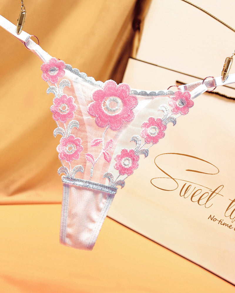White low-waist triangle lace thong with pink floral embroidery and scalloped trim