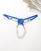 Blue thong panties with rose rosette detail and pearl beaded straps