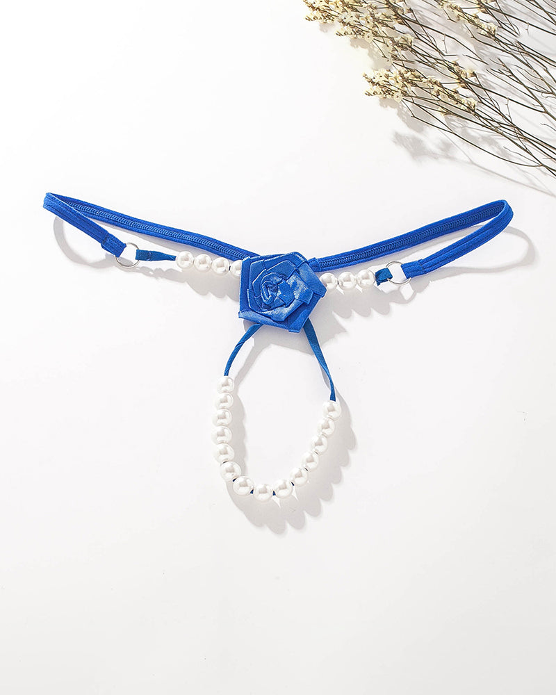 Blue thong panties with rose rosette detail and pearl beaded straps