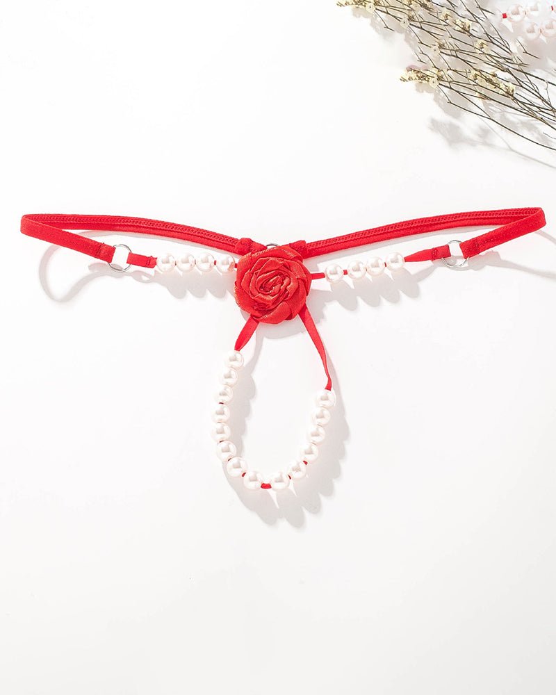 Red thong panties with rose rosette detail and pearl beaded straps