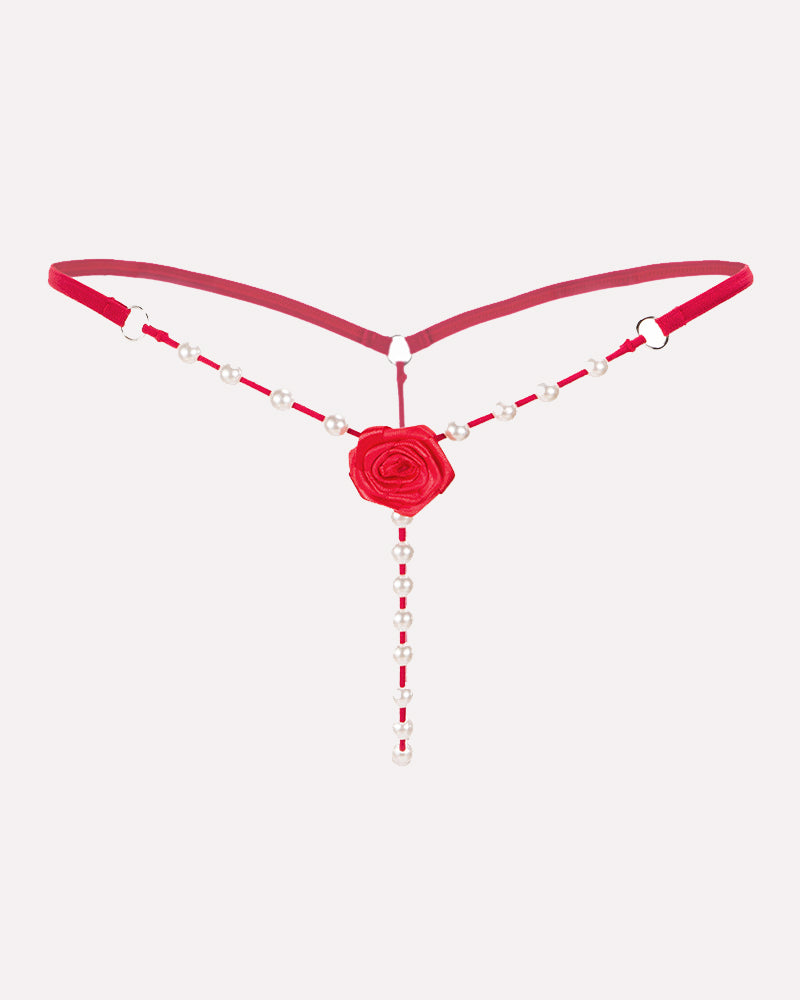Red thong panty with rose rosette charm and pearl beaded center strand