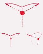 Red thong panties with rose rosette charm and pearl beaded straps