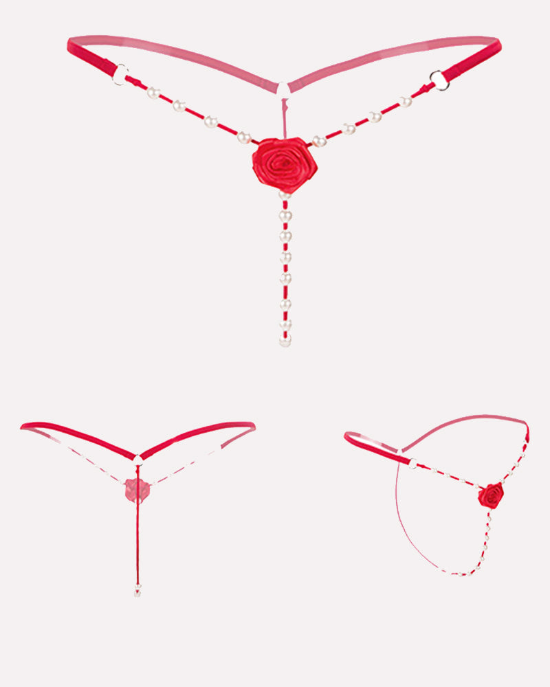 Red thong panties with rose rosette charm and pearl beaded straps