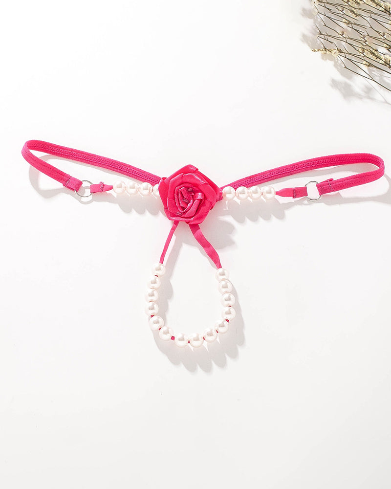 Pink thong panties with rose rosette detail and pearl beaded straps